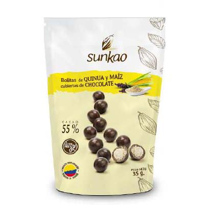 Ball of quinua and corn covered with milk chocolate, Healthy snack 100% Ecuatorian 35g/120g