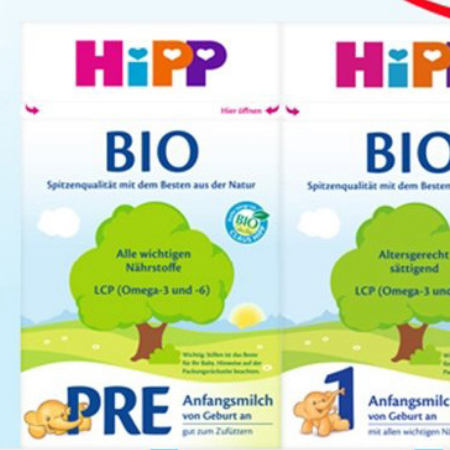 Probiotic milk powder, infant milk powder, organic milk powder, pre segment 123 segment 1 + 2 +, HIPP, Germany