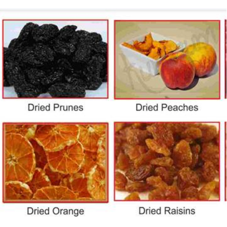 Dried Figs (Organic & non organic), Dried Apricots, Dried Cherries, Pitted Prunes, Dried Strawberries, Dried Persimmon, Sweetened Orange Peel Strips and Cubes , Dried Orange , Pinenuts, Dried Tomatoes and others