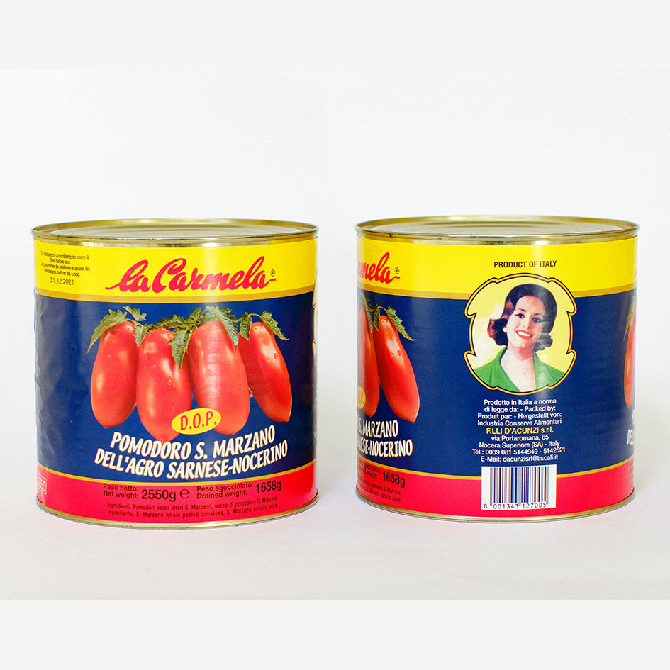 Whole peeled San Marzano DOP dell'Agro sarnese nocerino tomatoes, instant food, ready-to-eat, Italy FRATELLI D'ACUNZI SRL