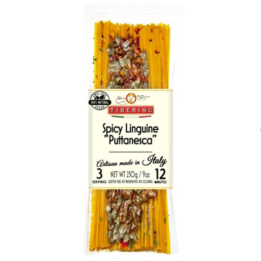 Linguini with Puttanesca tomato sauce (with capers and olives), slightly spicy - 250g, 2 servings, vegetable pasta, cereal, , Italy, TIBERINO SUDALIMENTA SRL